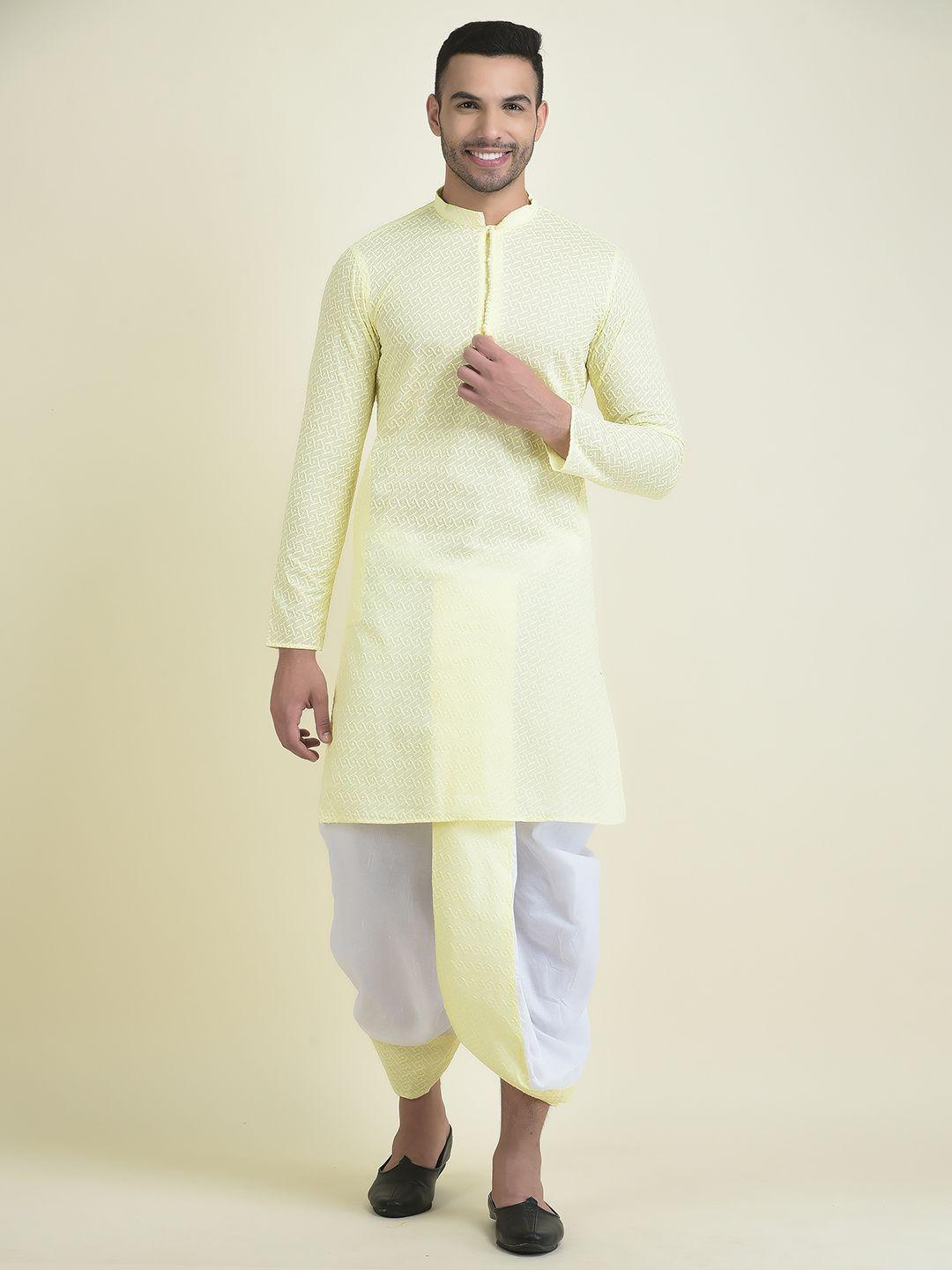 deyann men ethnic motifs embroidered pure cotton kurta with dhoti pants