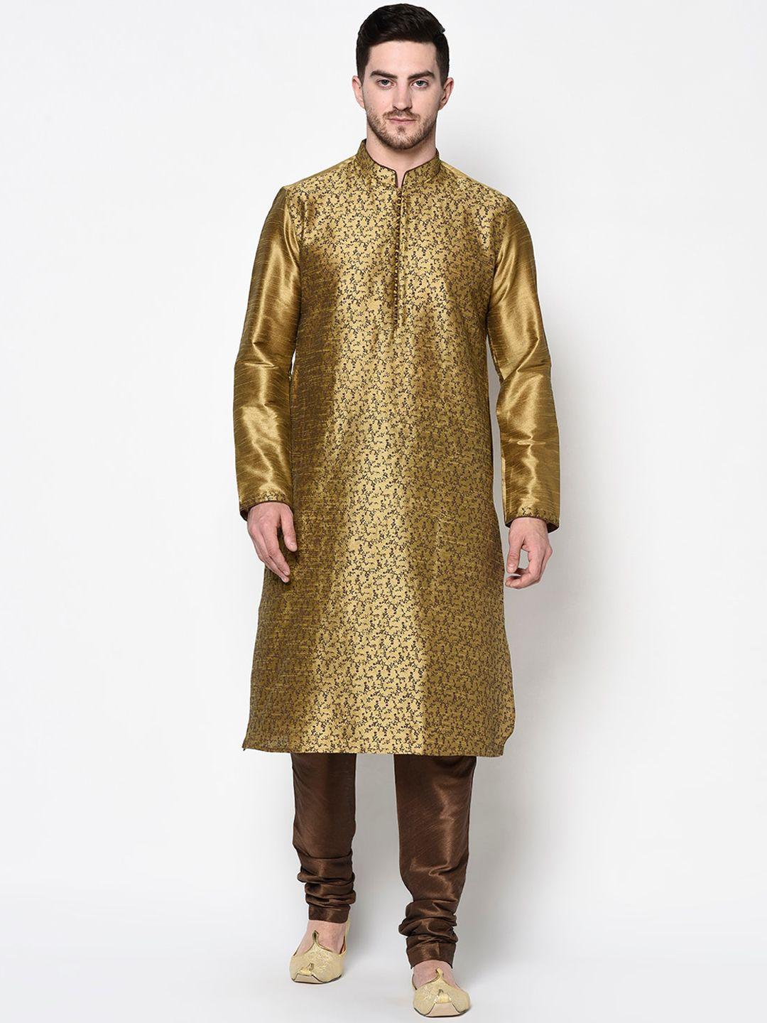 deyann men gold-toned & brown printed kurta with pyjamas