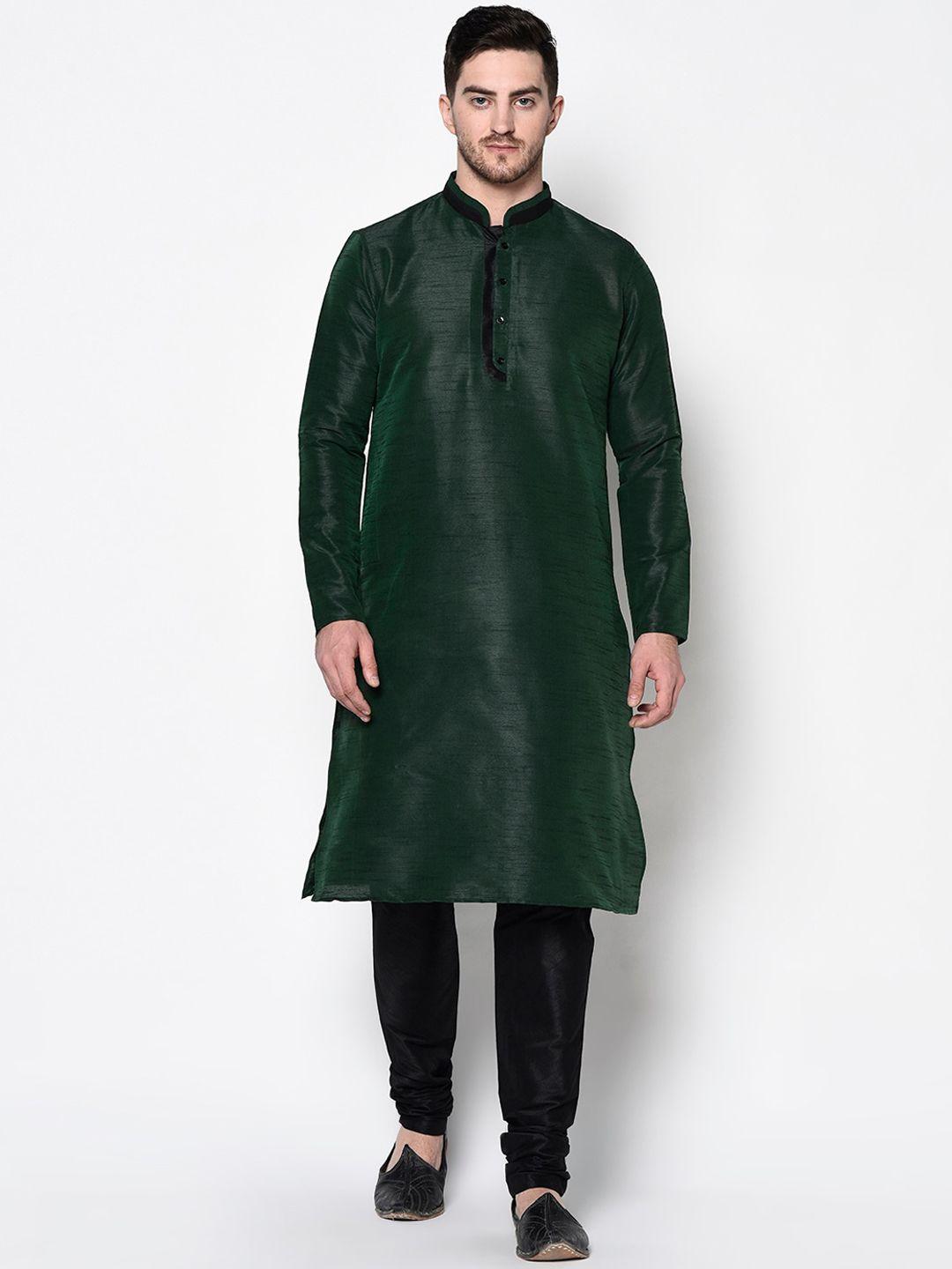 deyann men green & black solid dupion silk kurta with pyjamas