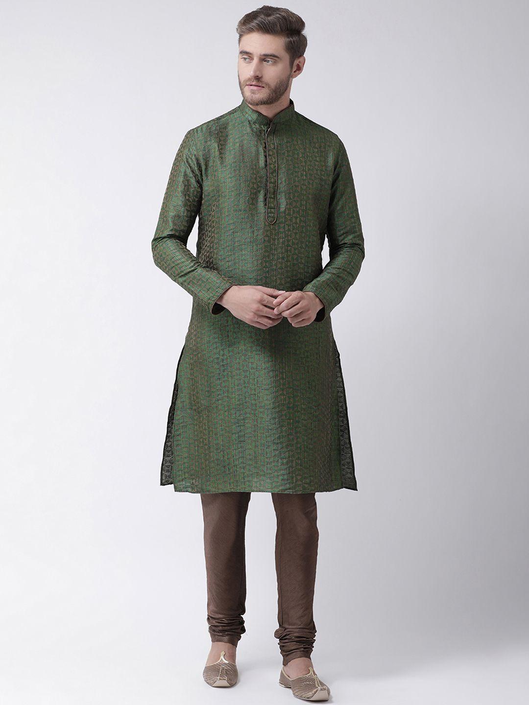 deyann men green & brown self design kurta with churidar