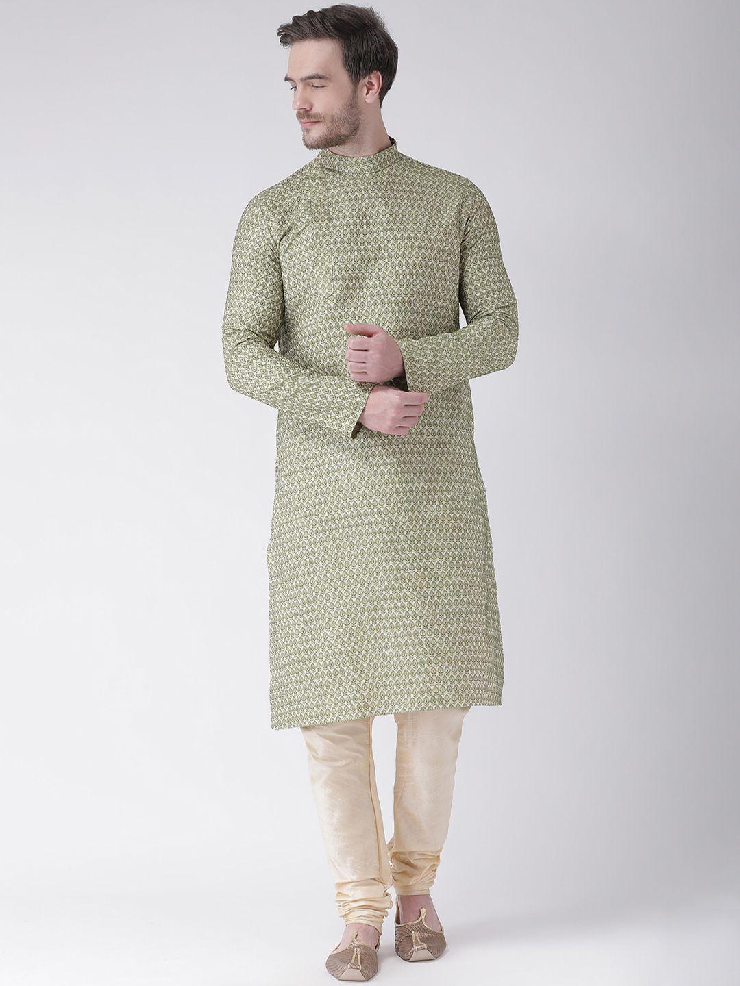 deyann men green & cream-coloured printed straight kurta