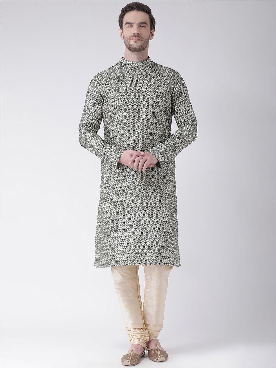 deyann men green & cream-coloured woven design kurta with churidar