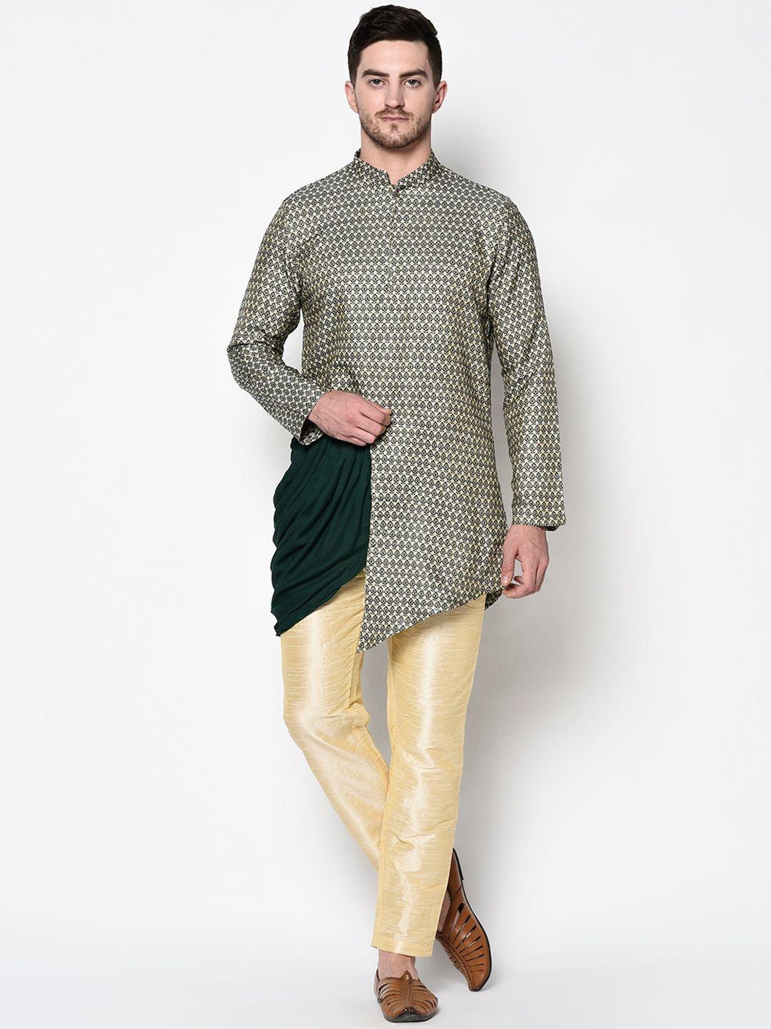 deyann men green & gold-coloured printed kurta with pyjamas