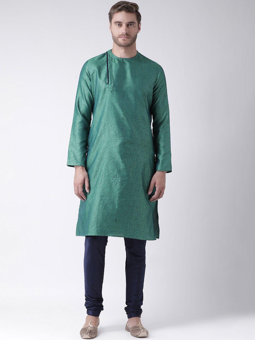 deyann men green & navy blue self design kurta with churidar