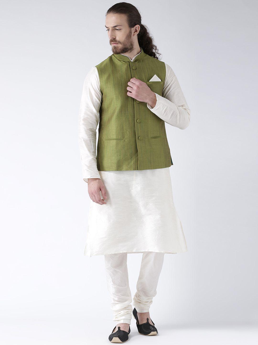 deyann men green & off-white solid kurta with pyjamas & nehru jacket