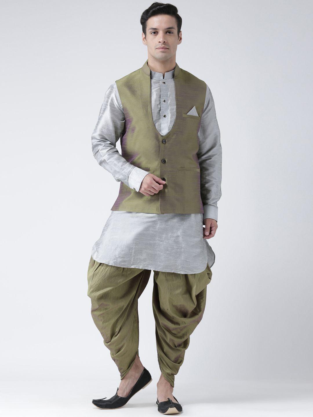 deyann men green & silver-toned solid kurta with patiala