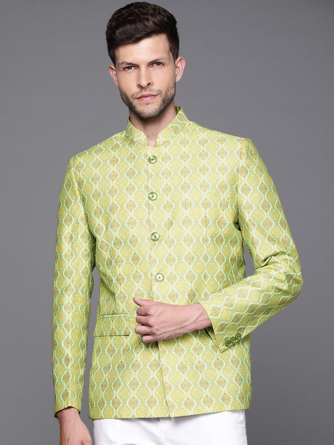 deyann men green ethnic motifs printed bandhgala blazer