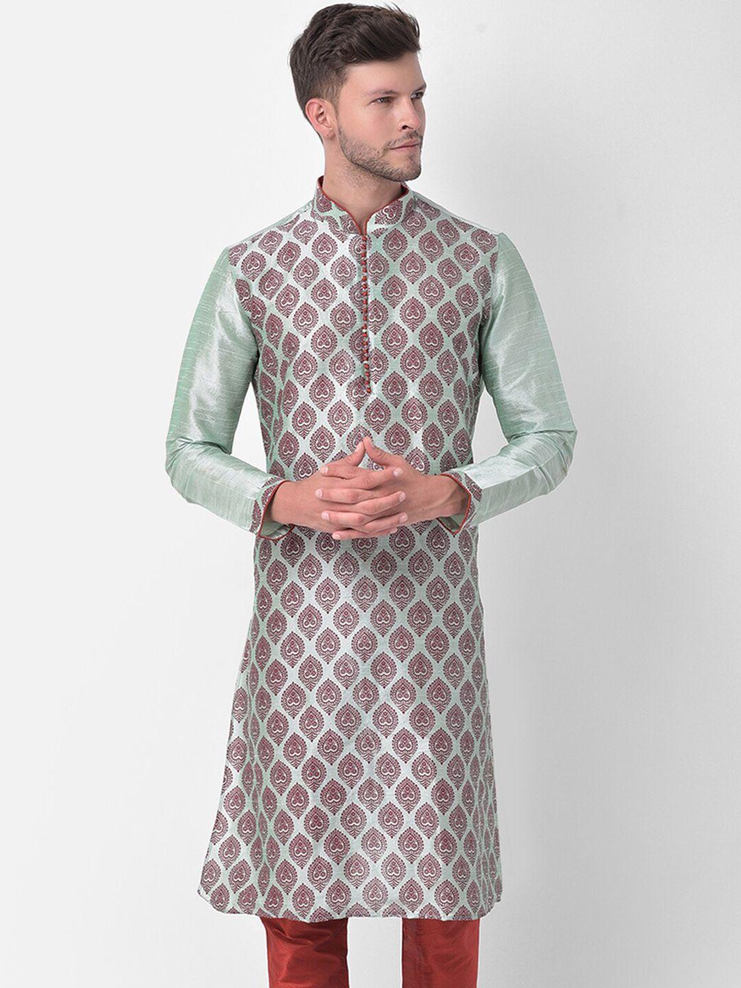 deyann men green ethnic motifs printed regular dupion silk kurta with churidar