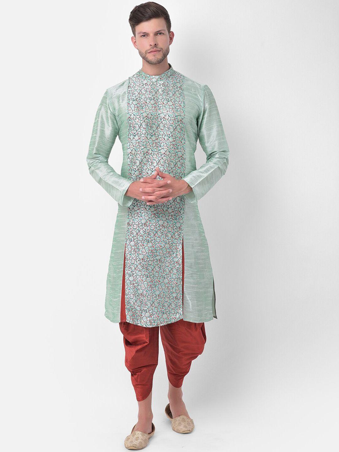deyann men green printed panelled dupion silk kurta with dhoti pants