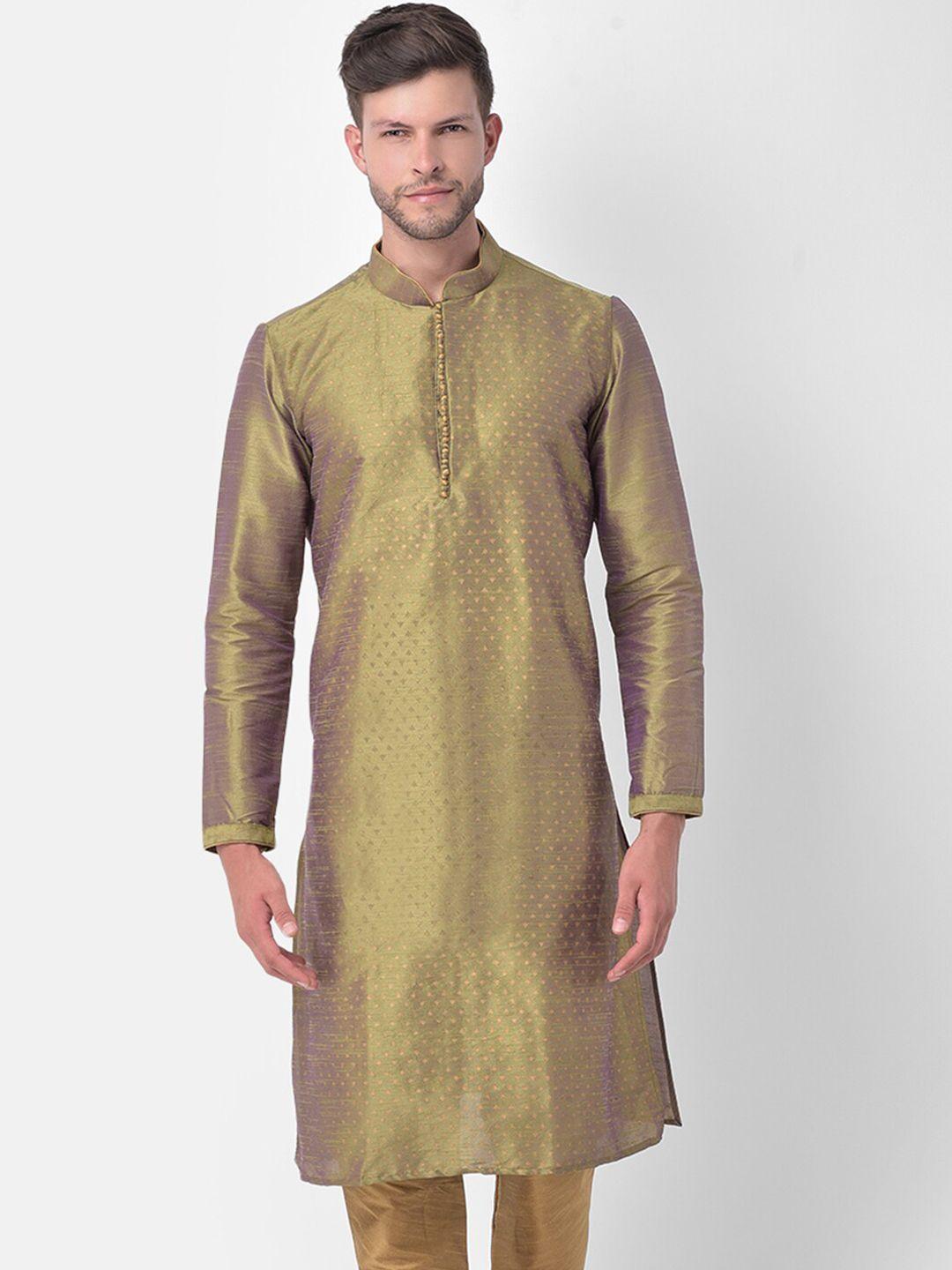 deyann men green printed regular dupion silk kurta with churidar