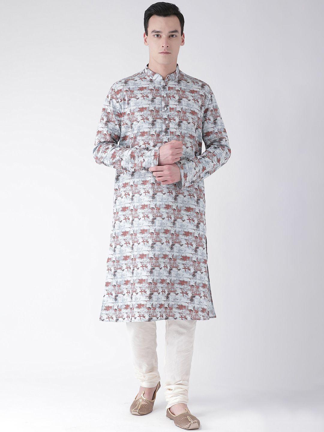 deyann men grey & white printed kurta with churidar