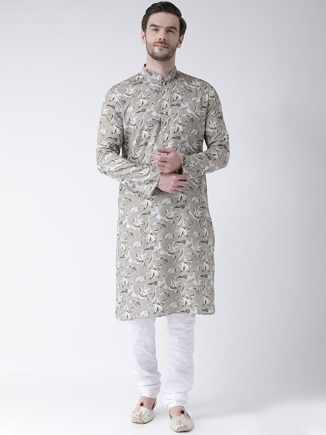 deyann men grey & white printed kurta with churidar