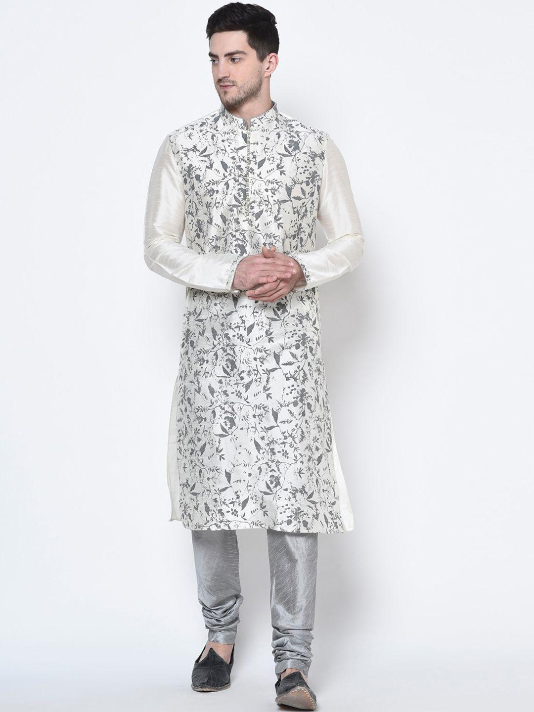 deyann men grey & white self design kurta with churidar