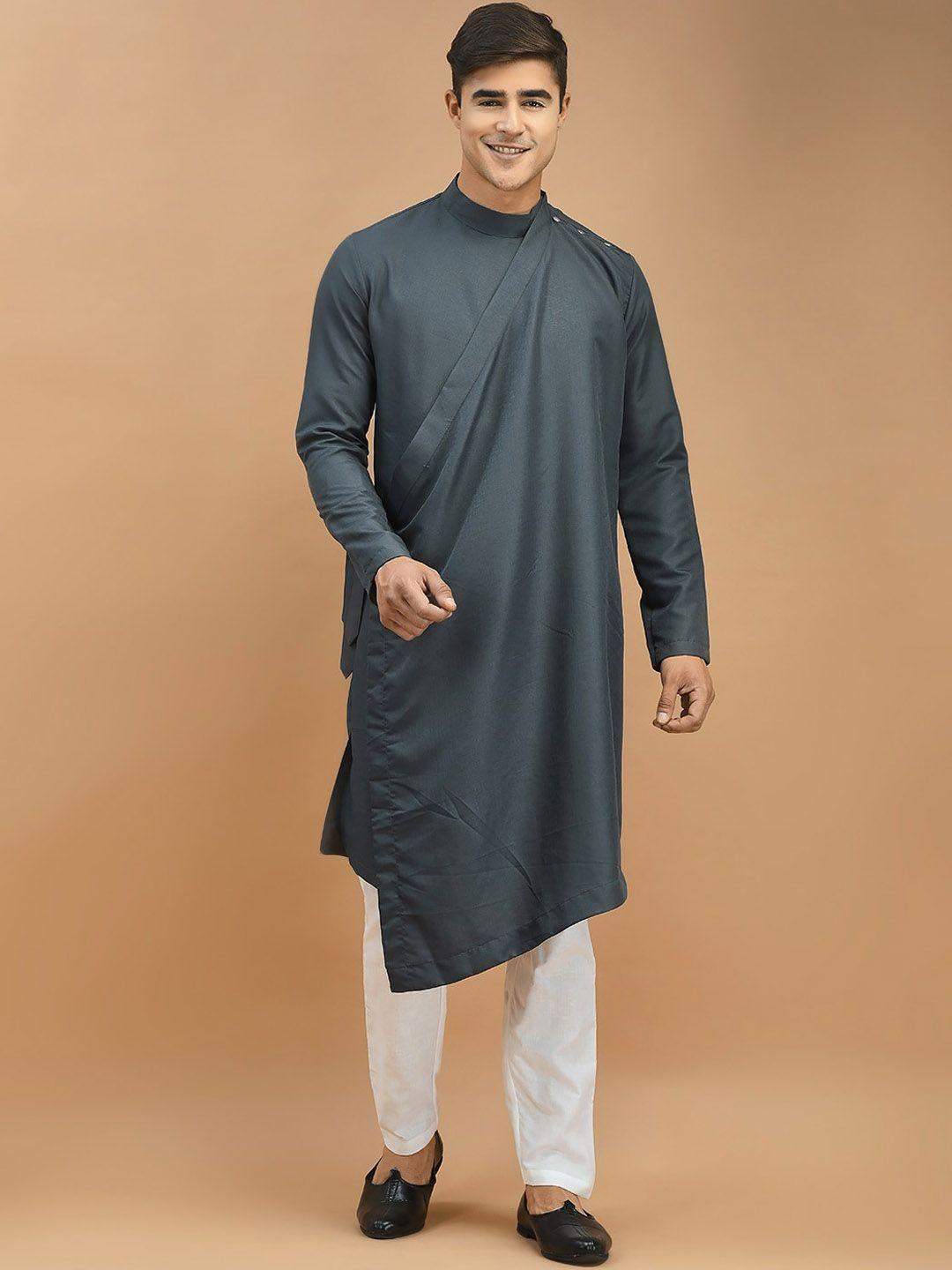 deyann men grey regular linen kurta with trousers