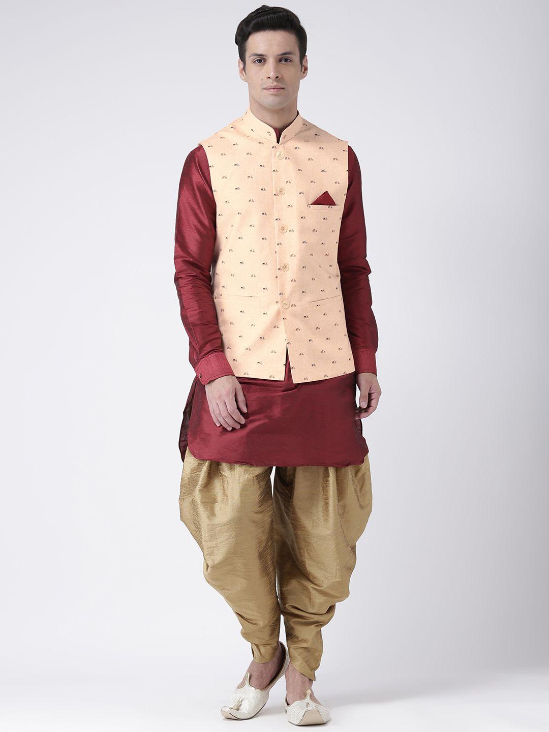 deyann men maroon & brown solid kurta with dhoti pants & nehru jacket