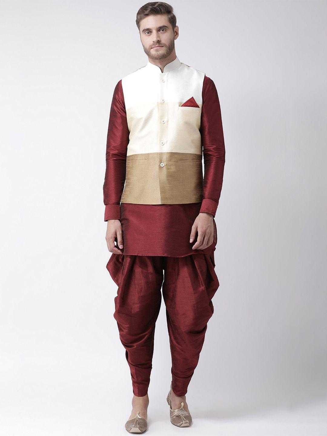 deyann men maroon & cream-coloured colourblocked kurta with dhoti pants & nehru jacket