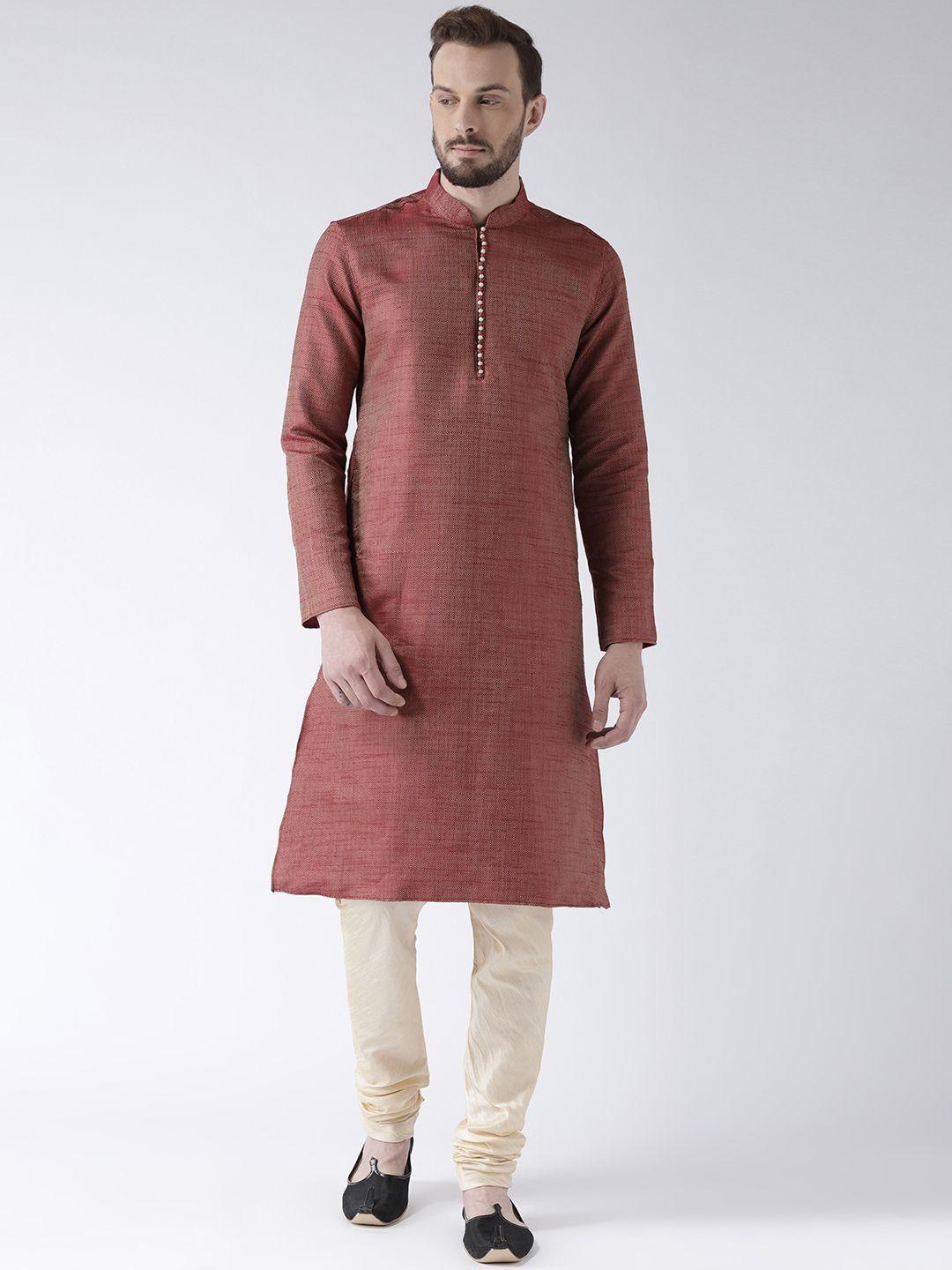 deyann men maroon & cream-coloured self design kurta with churidar