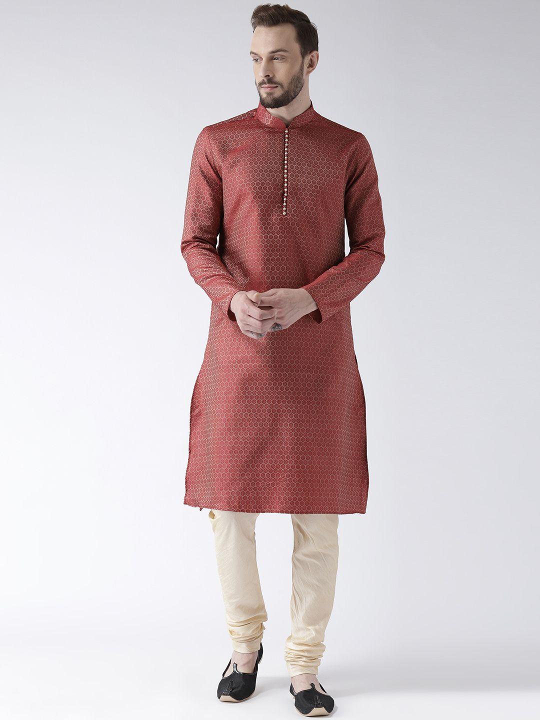 deyann men maroon & cream-coloured self design kurta with pyjamas