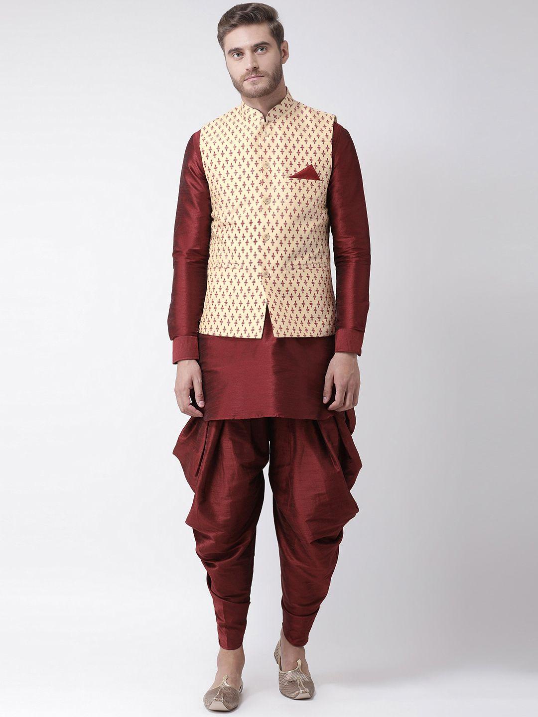 deyann men maroon & cream-coloured solid kurta with patiala and nehru jacket