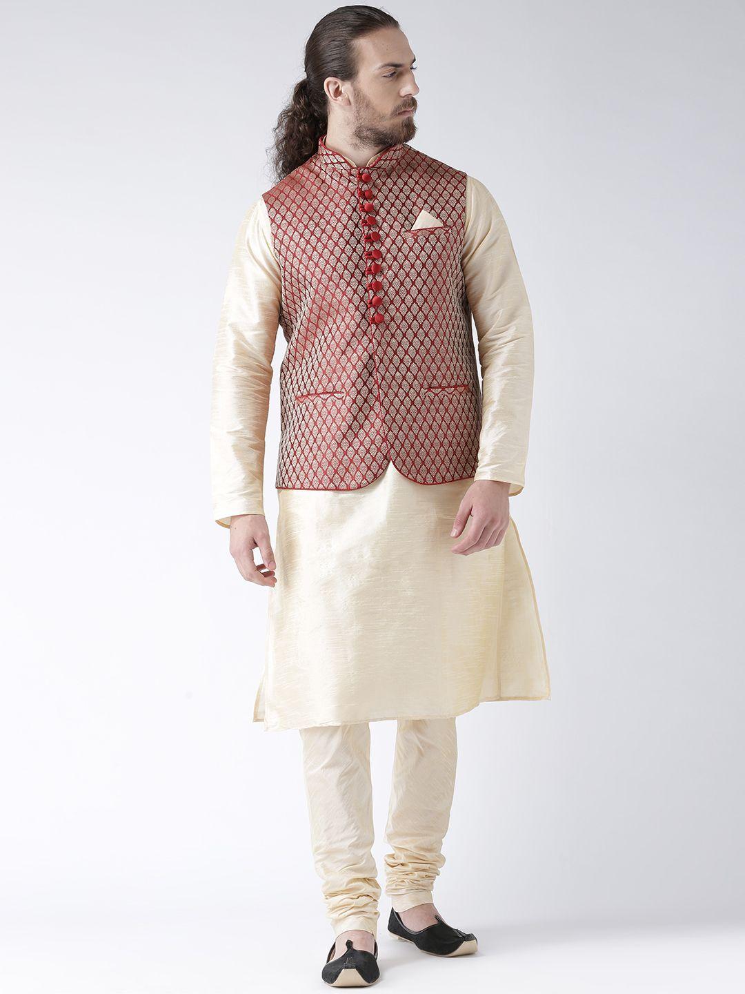 deyann men maroon & cream solid jacquard kurta with pyjamas & nehru jacket