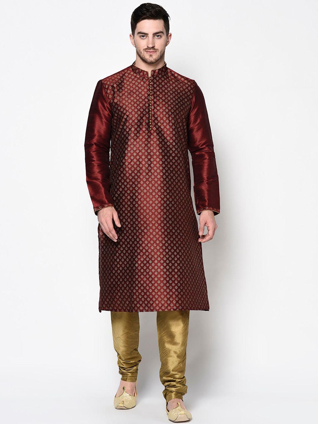 deyann men maroon & gold-toned solid kurta with pyjamas