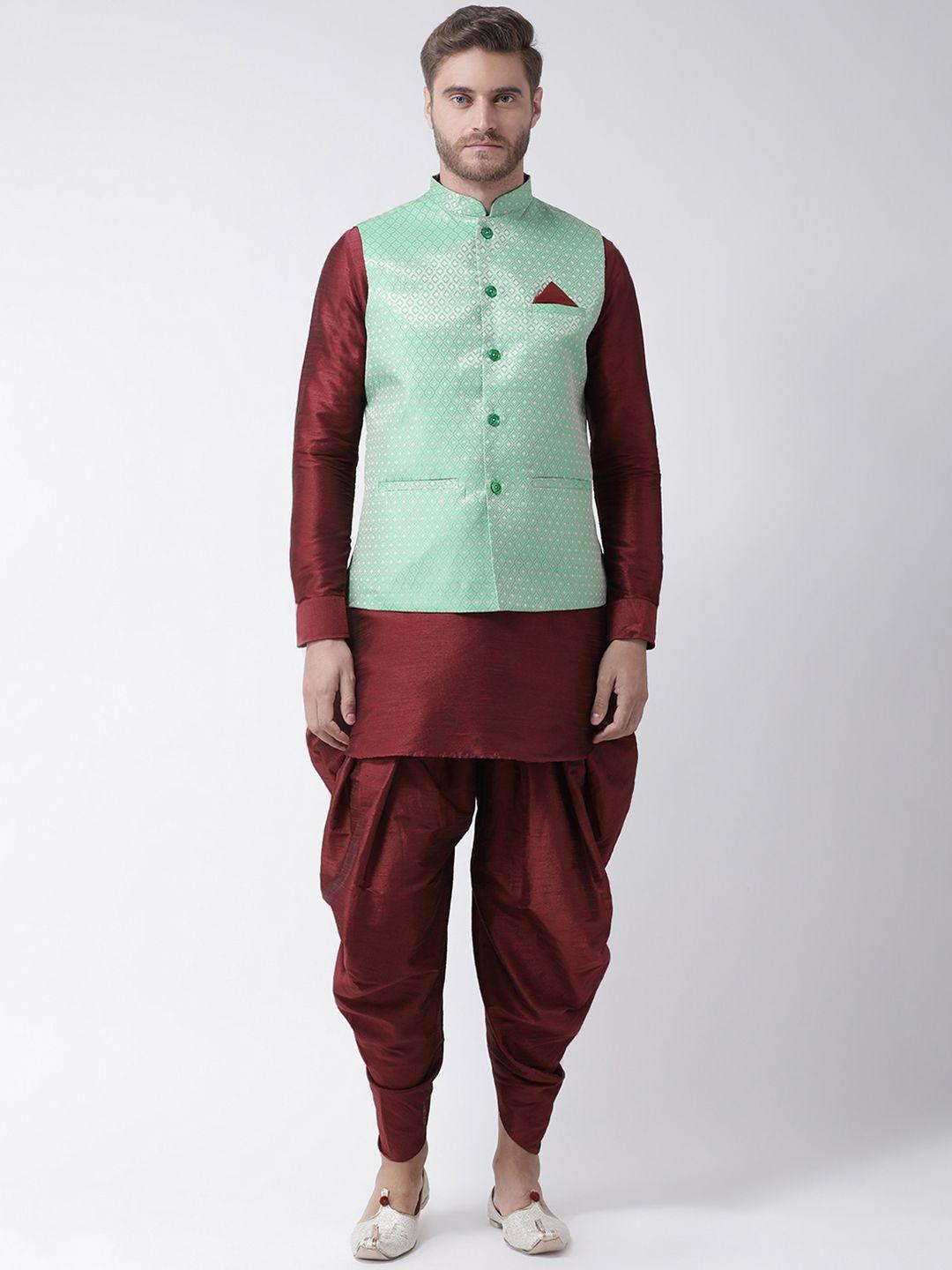 deyann men maroon & green solid kurta with patiala & nehru jacket