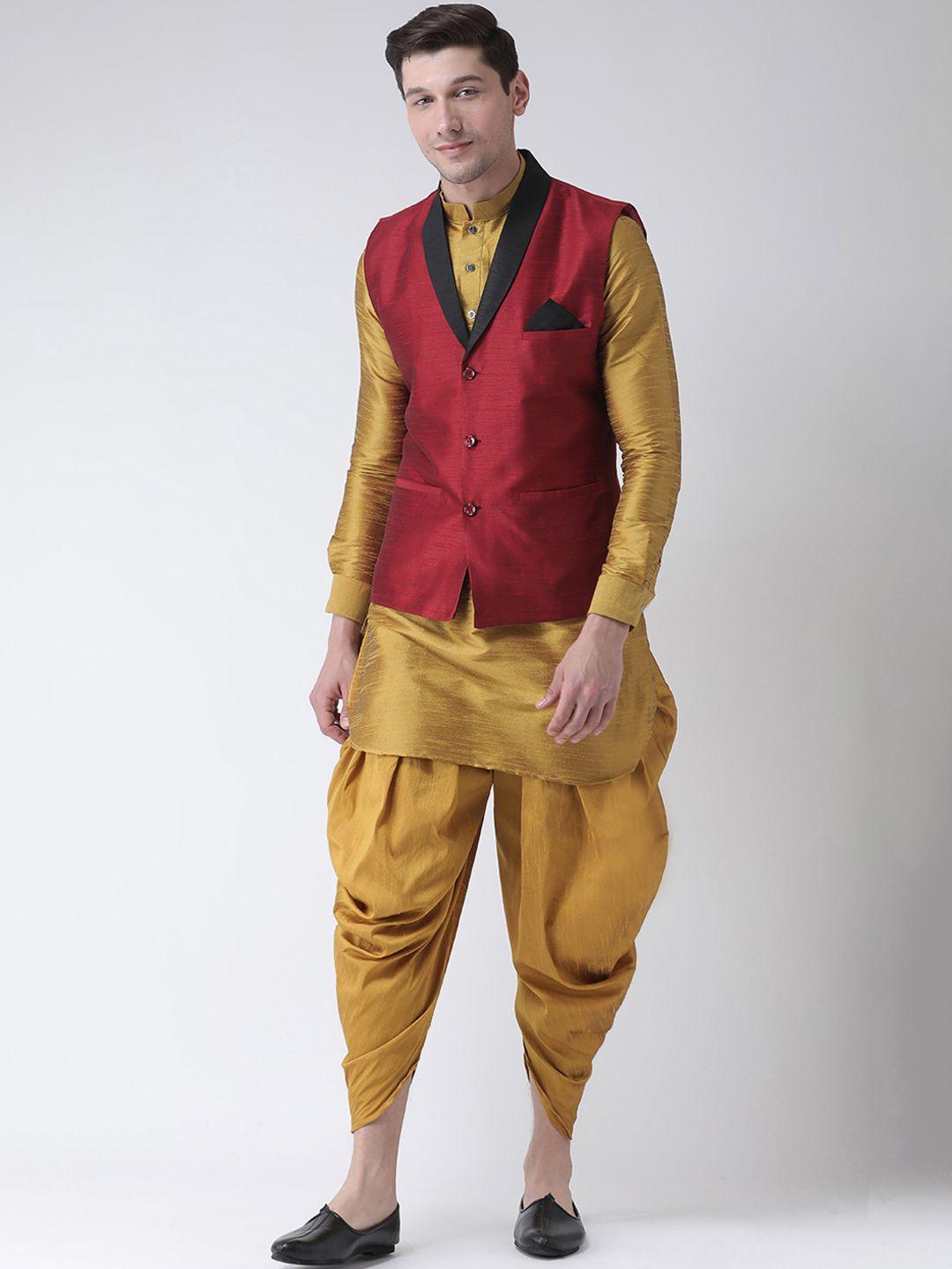 deyann men maroon & mustard yellow solid kurta with patiala