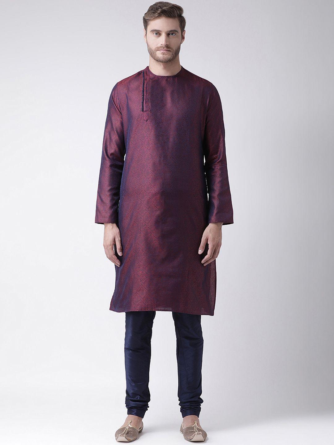 deyann men maroon & navy blue self design kurta with churidar