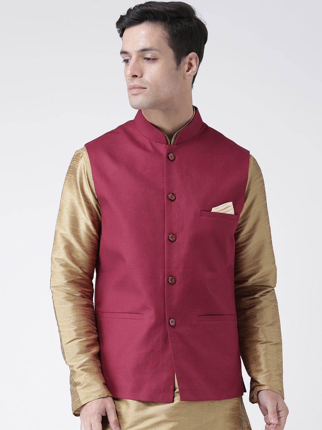 deyann men maroon solid woven pure cotton nehru jacket