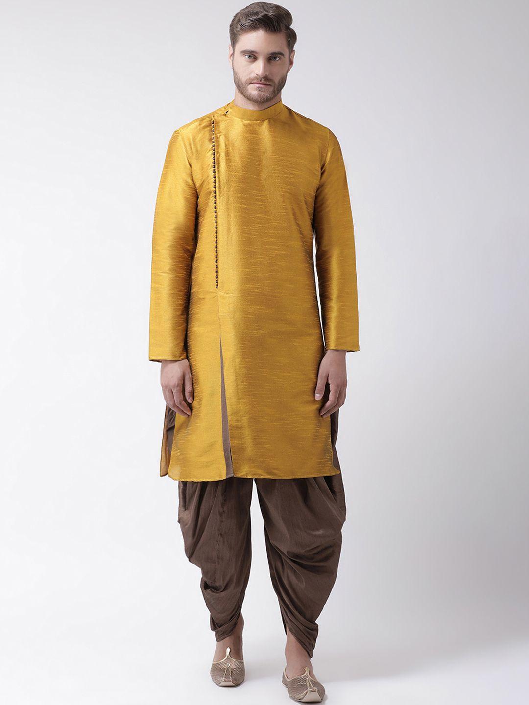 deyann men mustard yellow & brown solid dupion silk kurta with patiala