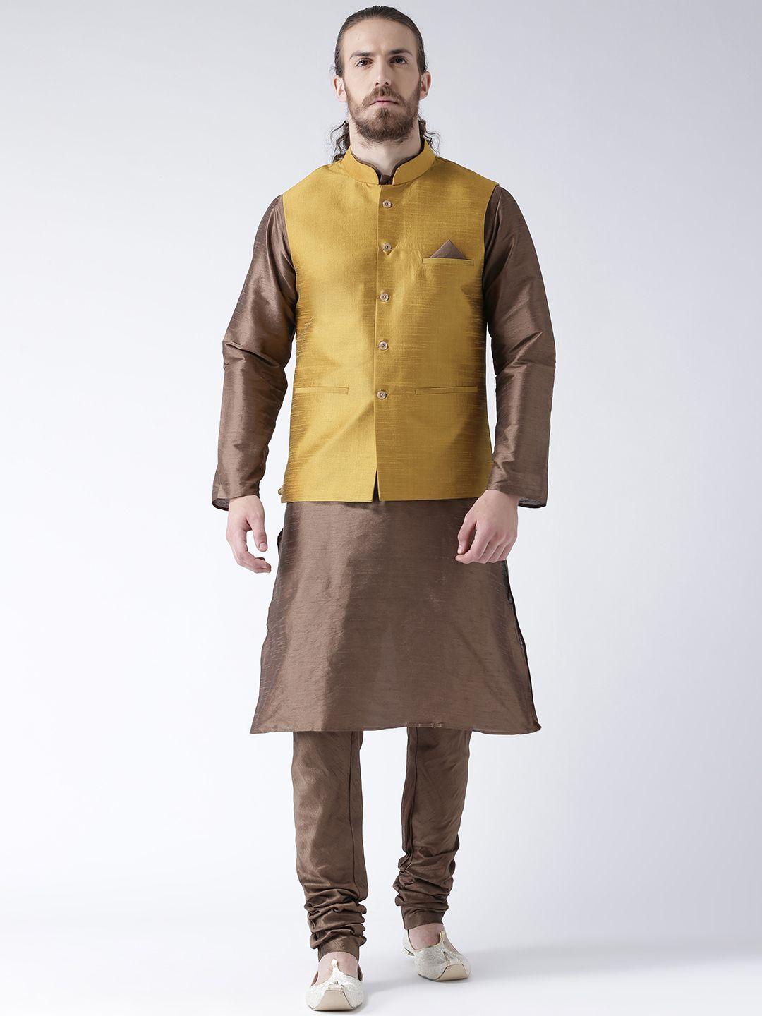 deyann men mustard yellow & brown solid jacquard kurta with pyjamas & nehru jacket