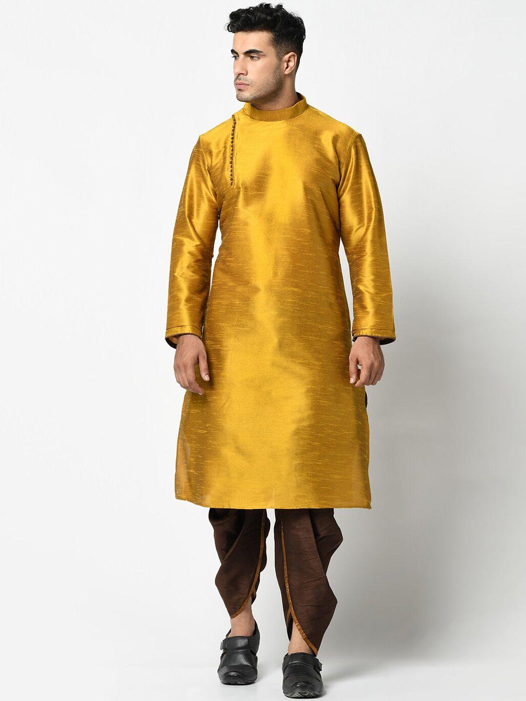 deyann men mustard yellow & brown woven design kurta with pyjamas