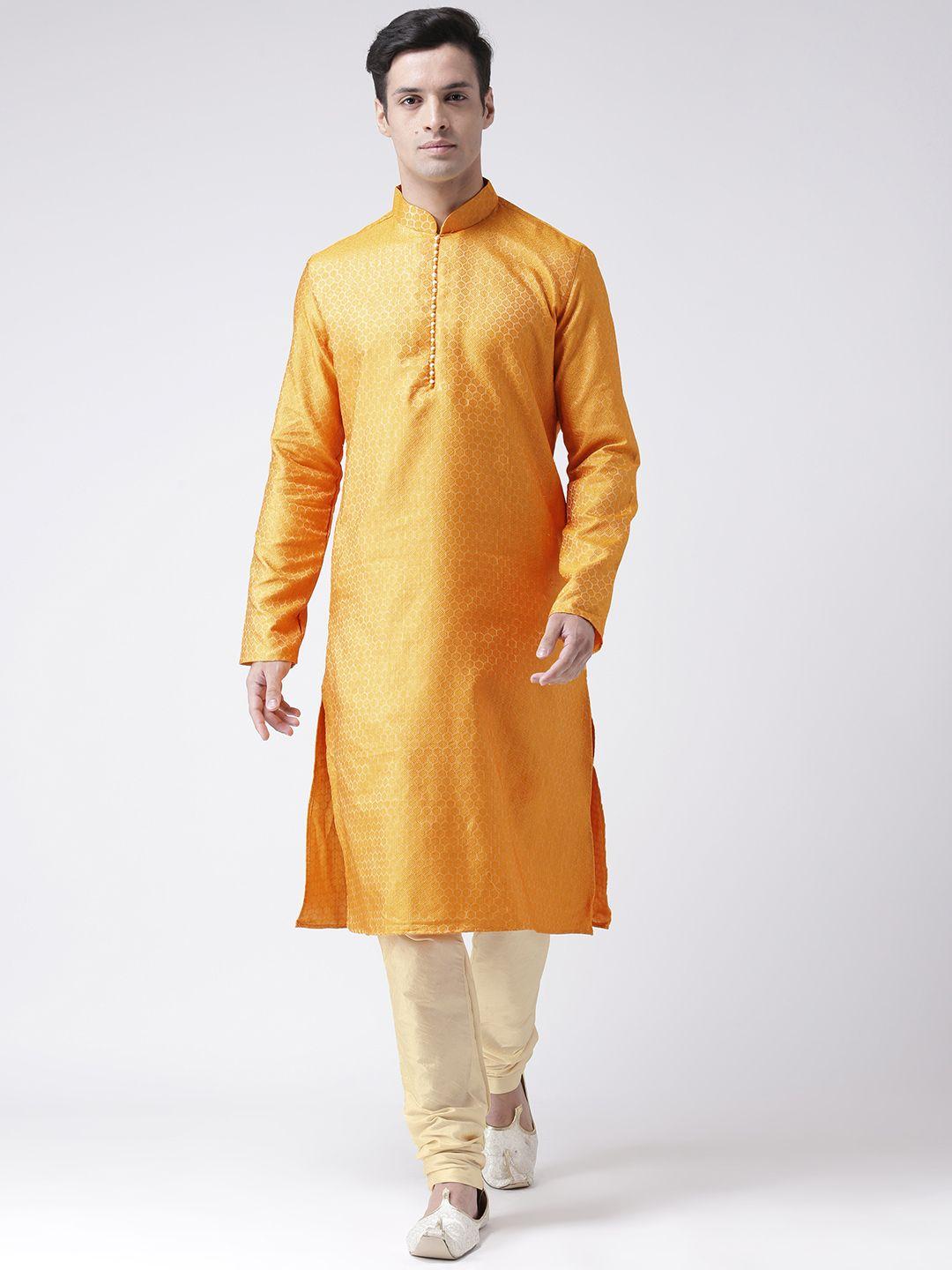 deyann men mustard yellow & cream-coloured jacquard kurta with pyjamas