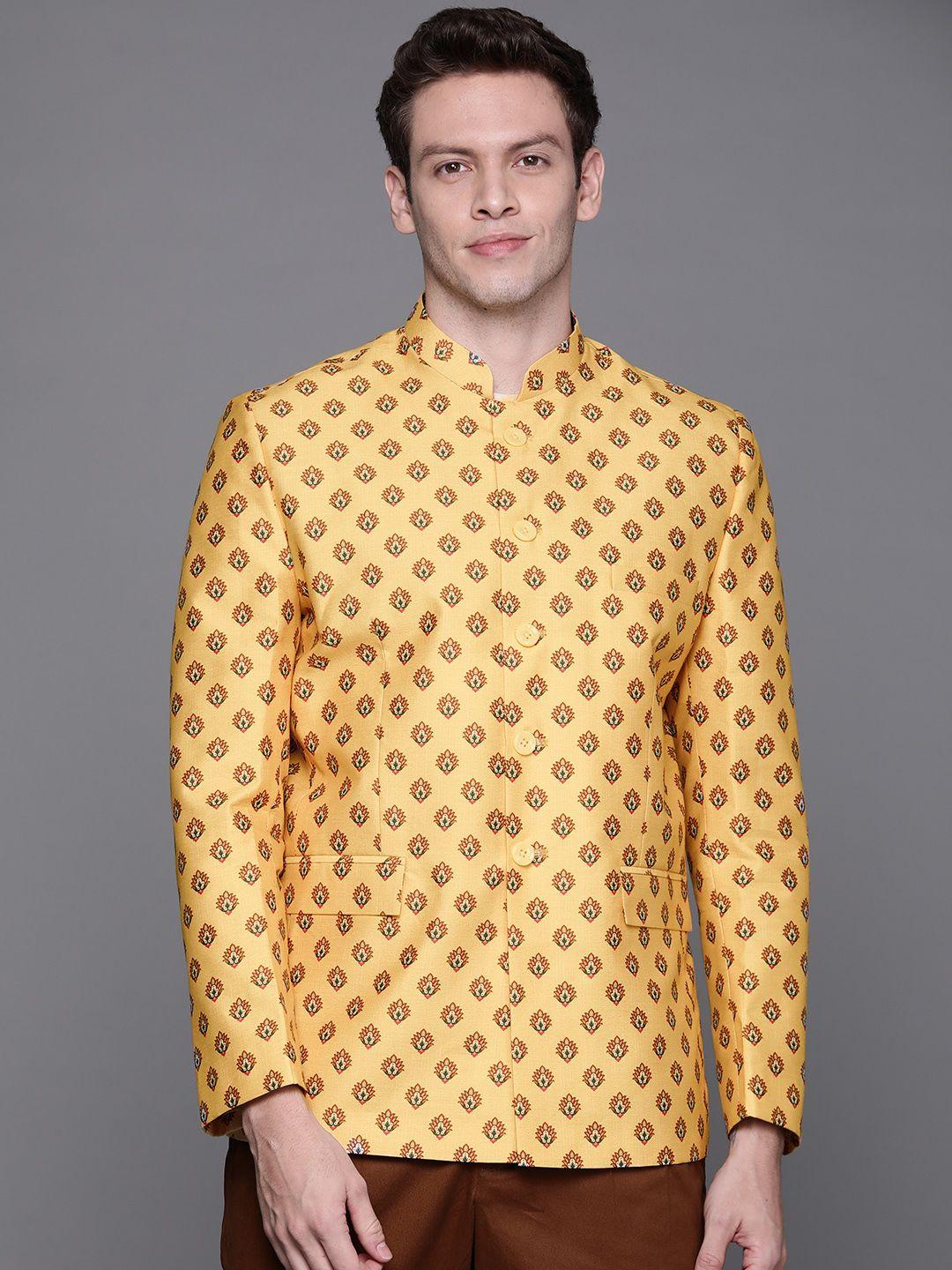 deyann men mustard yellow ethnic motifs printed bandhgala blazer