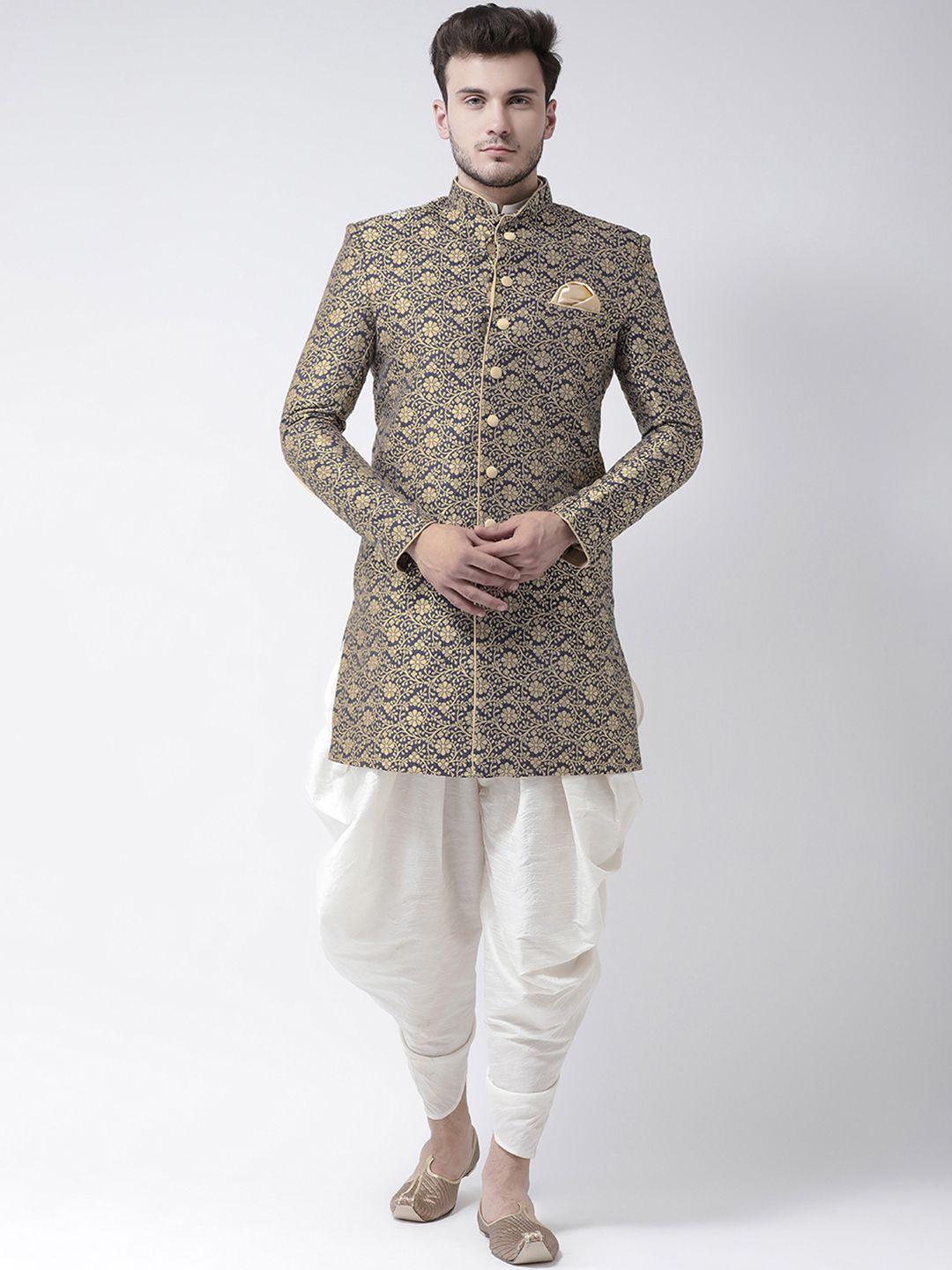 deyann men navy & off-white woven design sherwani