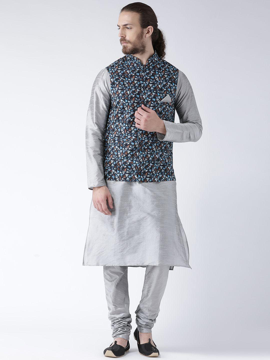 deyann men navy & silver-toned solid kurta with pyjamas & printed nehru jacket