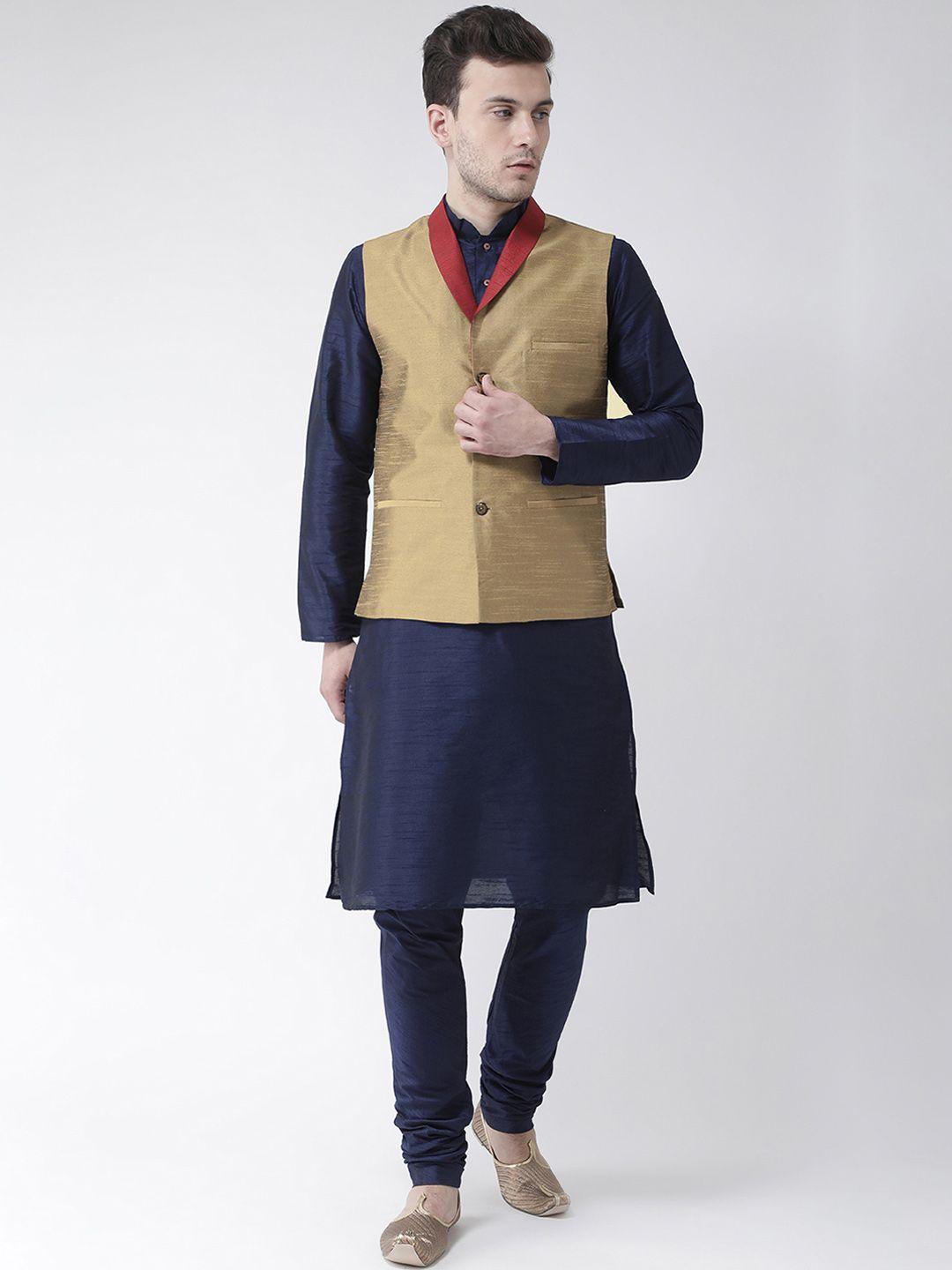 deyann men navy blue & beige solid kurta with churidar