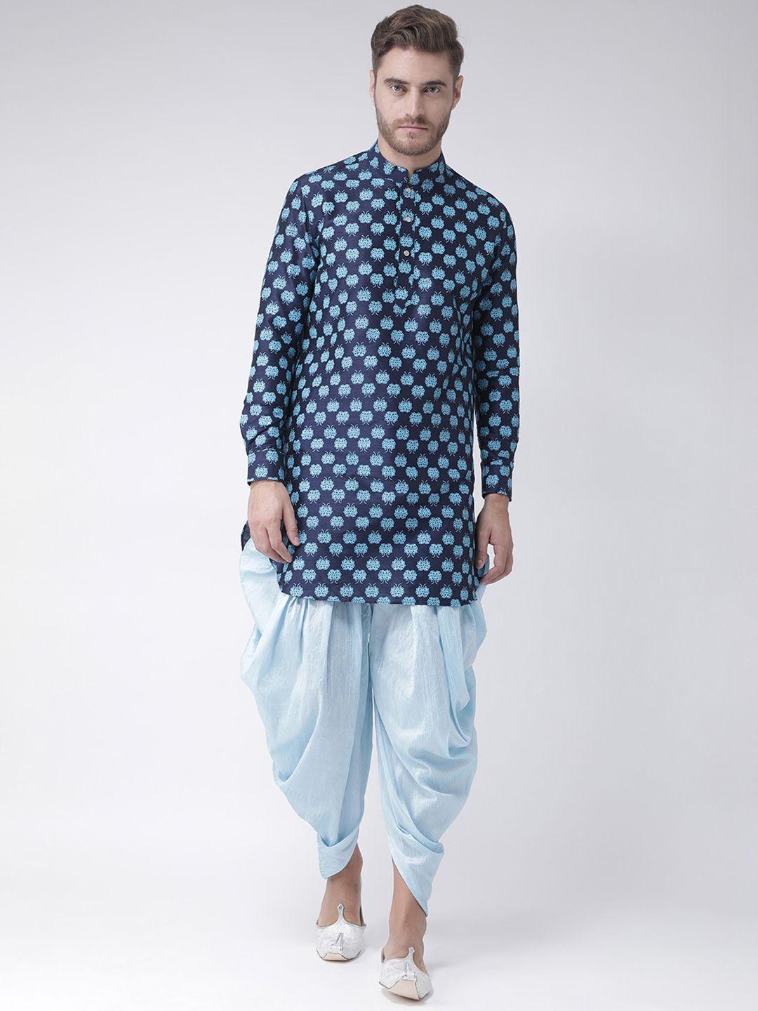 deyann men navy blue & blue printed kurta with patiala