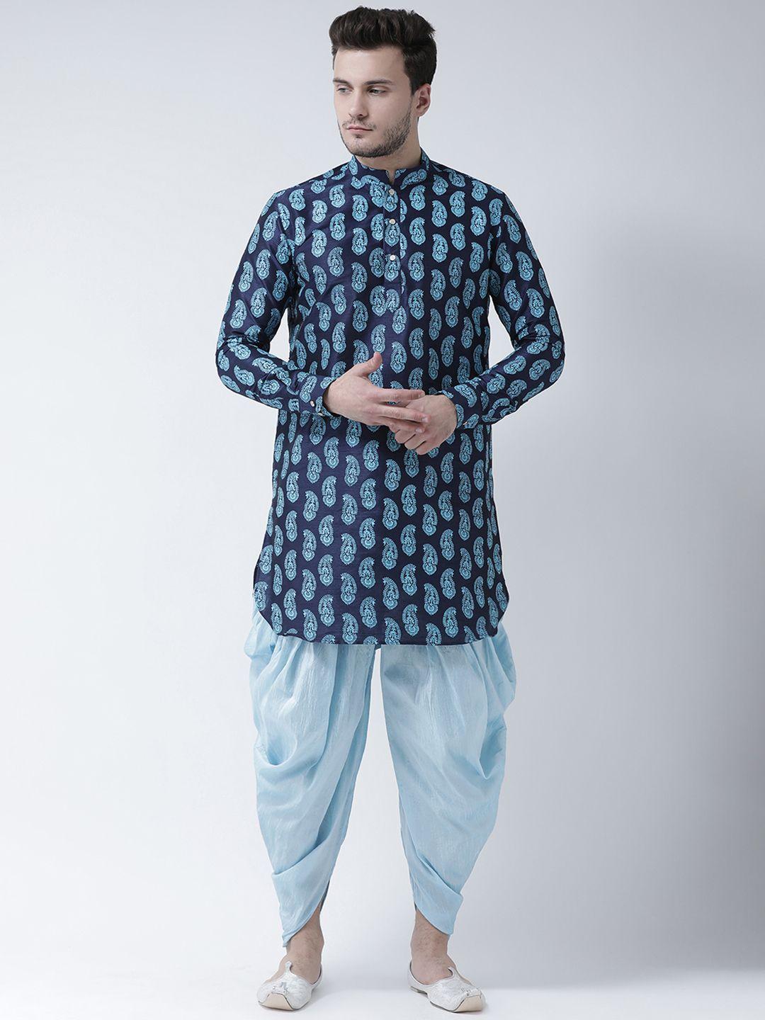 deyann men navy blue & blue printed kurta with patiala