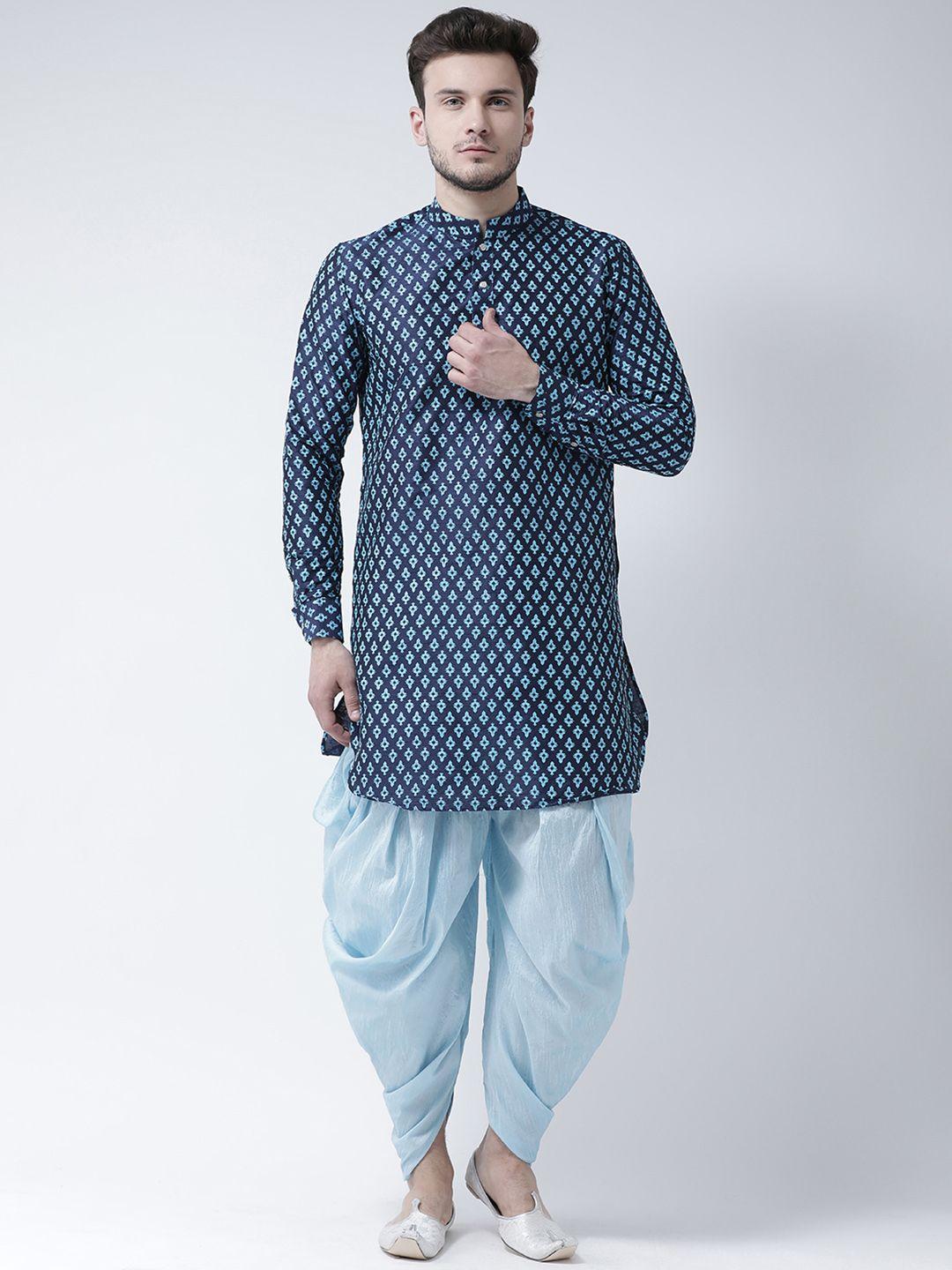 deyann men navy blue & blue printed kurta with patiala