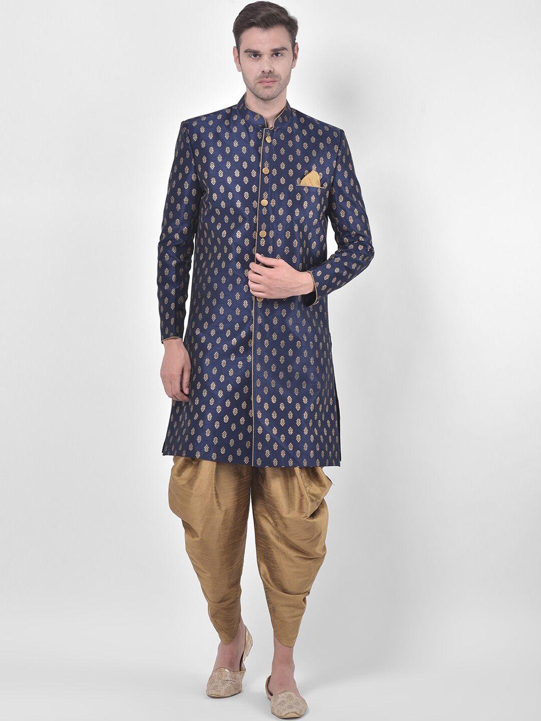deyann men navy blue & brown jacquard woven design dupion silk sherwani with patiala set