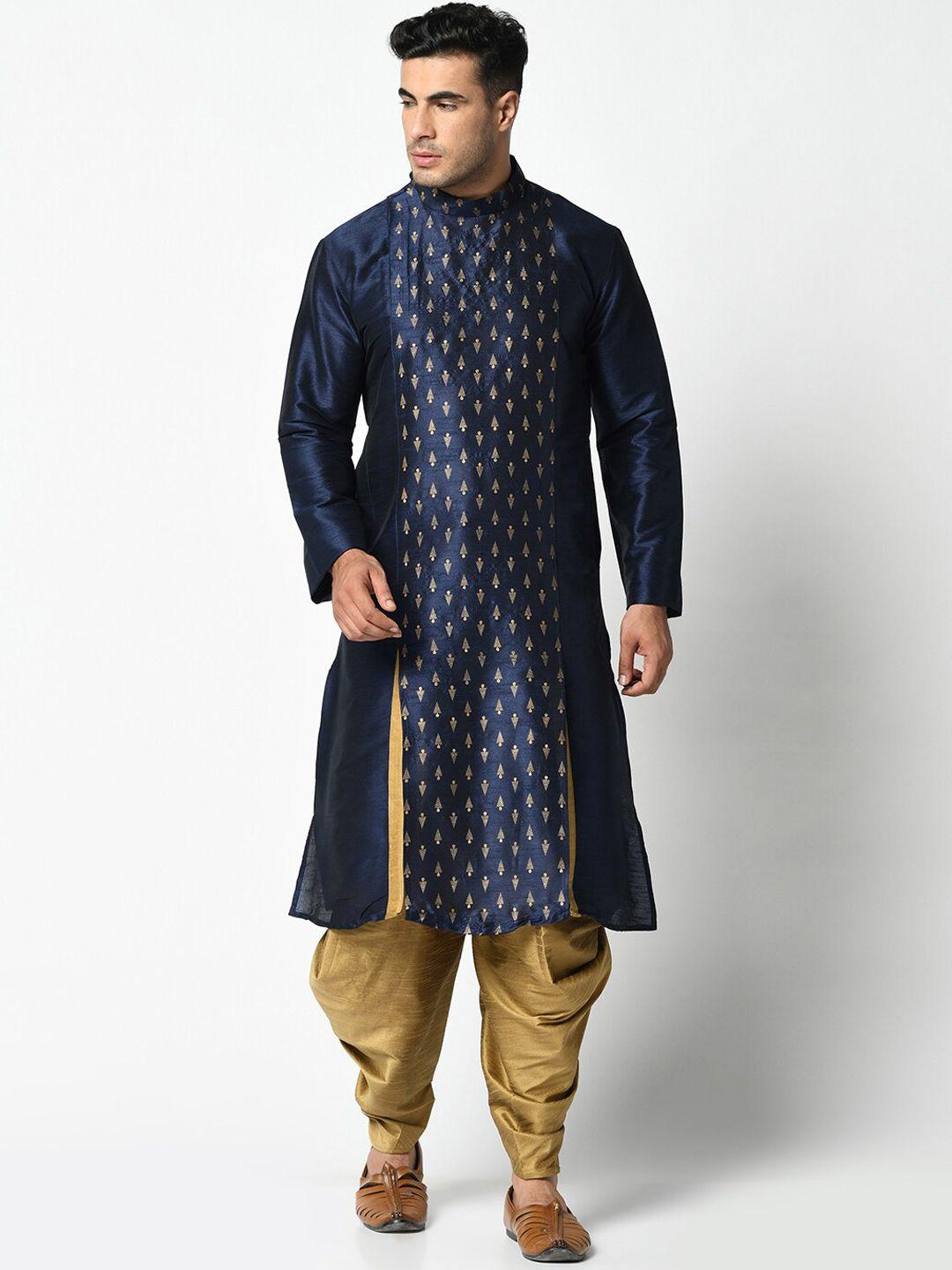 deyann men navy blue & brown woven design kurta with dhoti pants