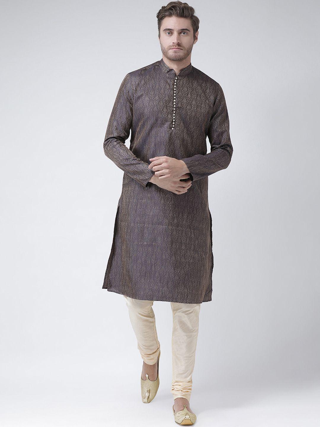 deyann men navy blue & cream-coloured self design kurta with churidar