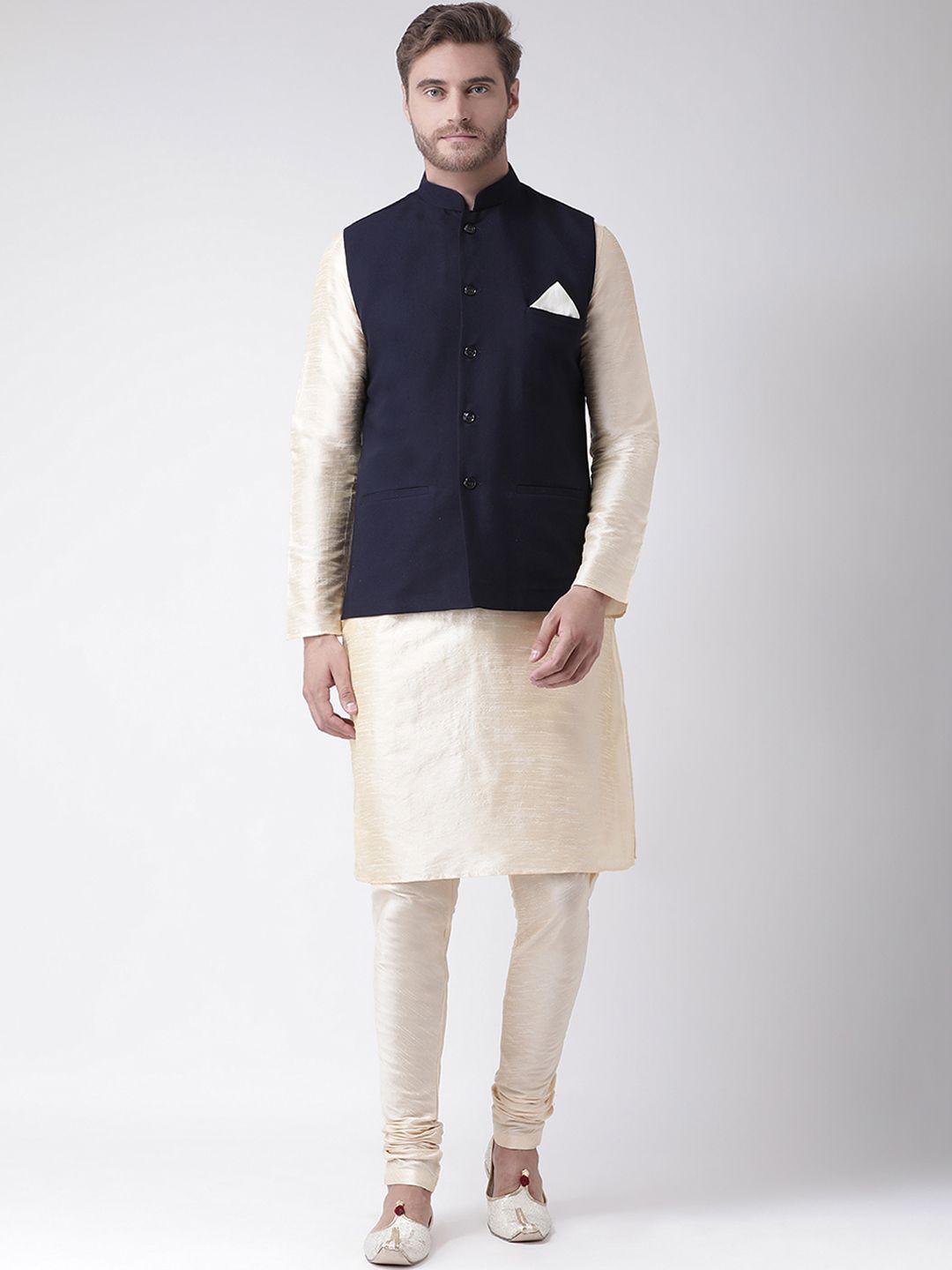 deyann men navy blue & cream-coloured solid kurta with churidar