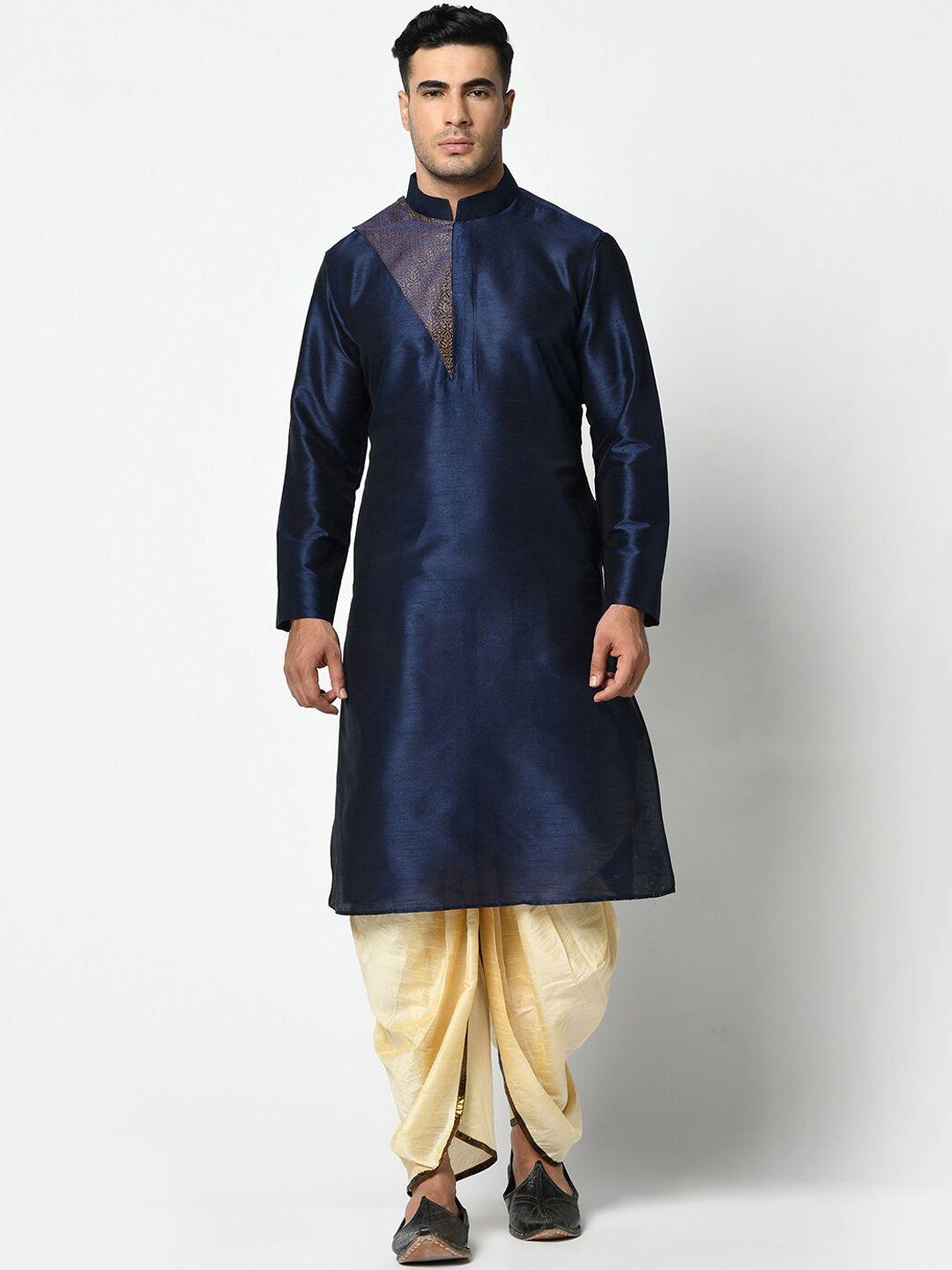 deyann men navy blue & cream-coloured solid kurta with dhoti pants