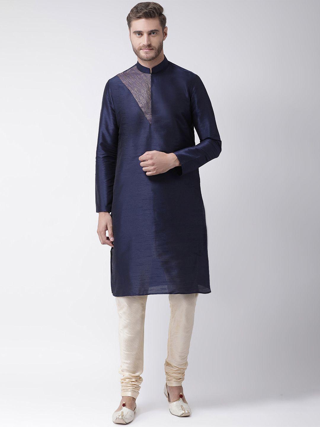 deyann men navy blue & cream-coloured yoke design kurta with churidar