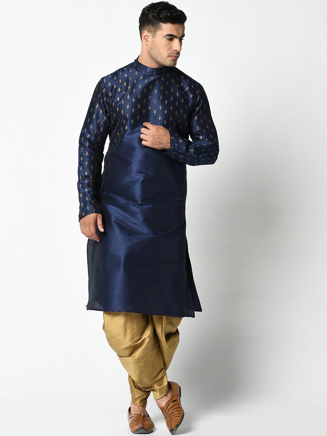deyann men navy blue & gold-coloured printed kurta with patiala