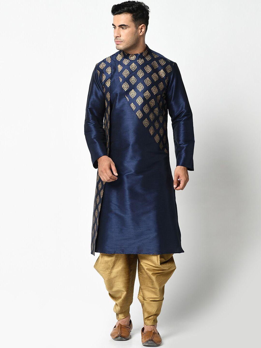 deyann men navy blue & gold-coloured printed kurta with patiala