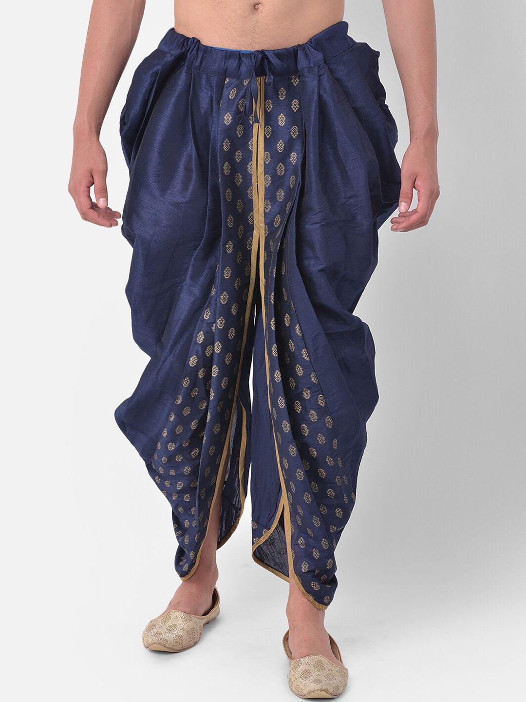 deyann men navy blue & gold-toned printed dupion silk dhoti pant