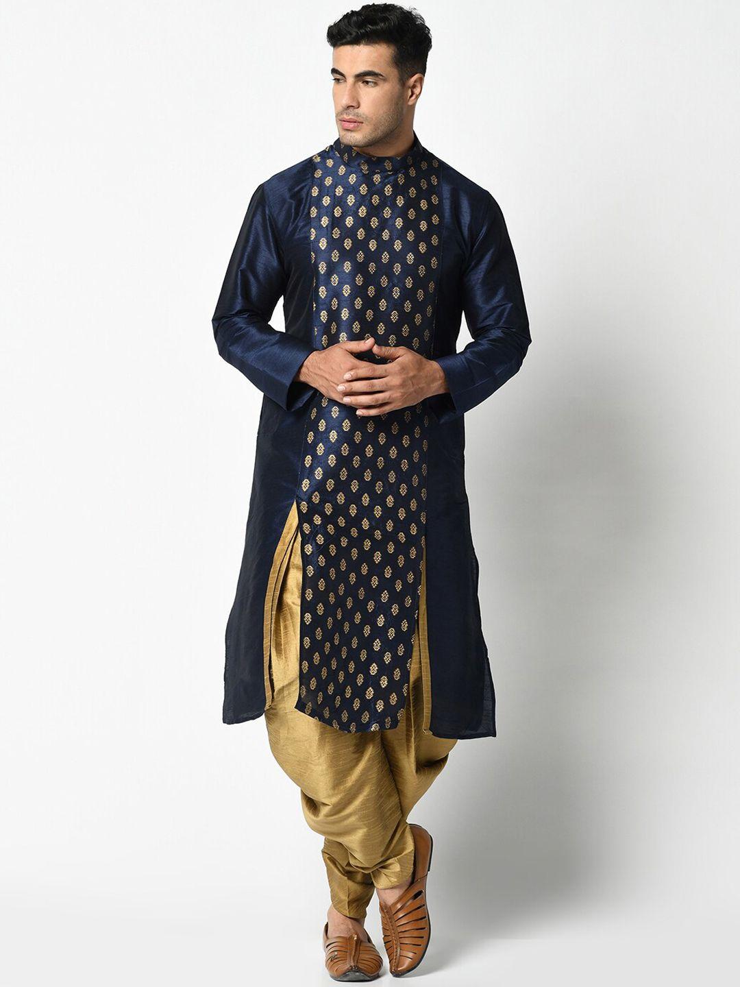 deyann men navy blue & gold-toned printed kurta with dhoti pants